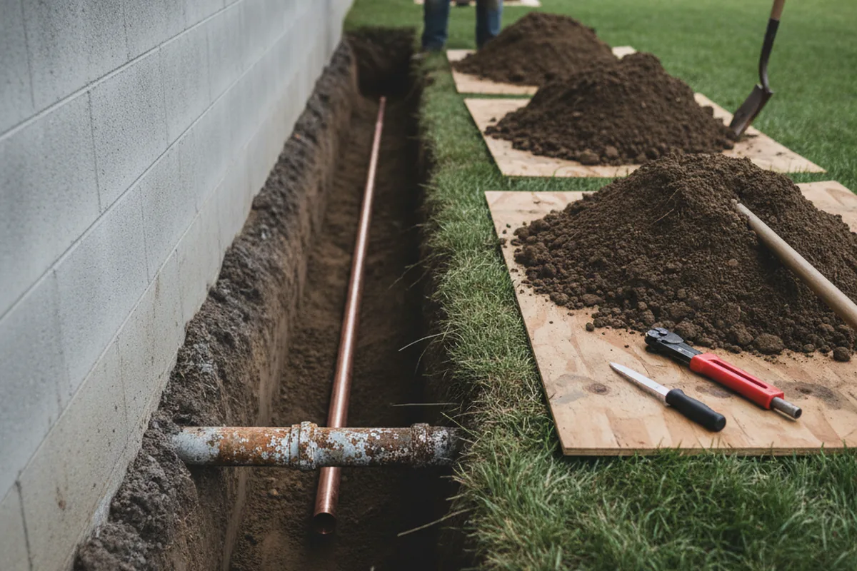Excavated water line trench during Water Softener Installation in Yountville